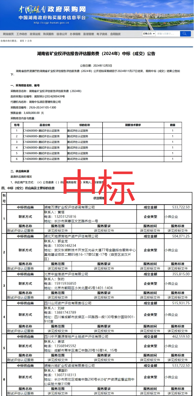 恭喜中标！热烈祝贺我司成功中标湖南省矿业权评估报告评估服务费（2024年）项目